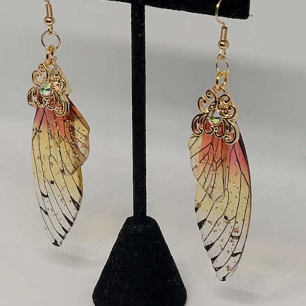 Elegant Gold and Pink Wing Earrings